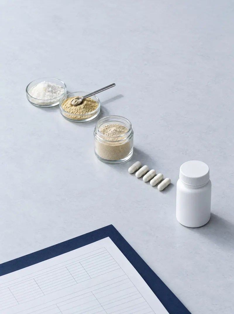 Ingredient powders, white capsules and an unlabeled bottle beside a specification sheet