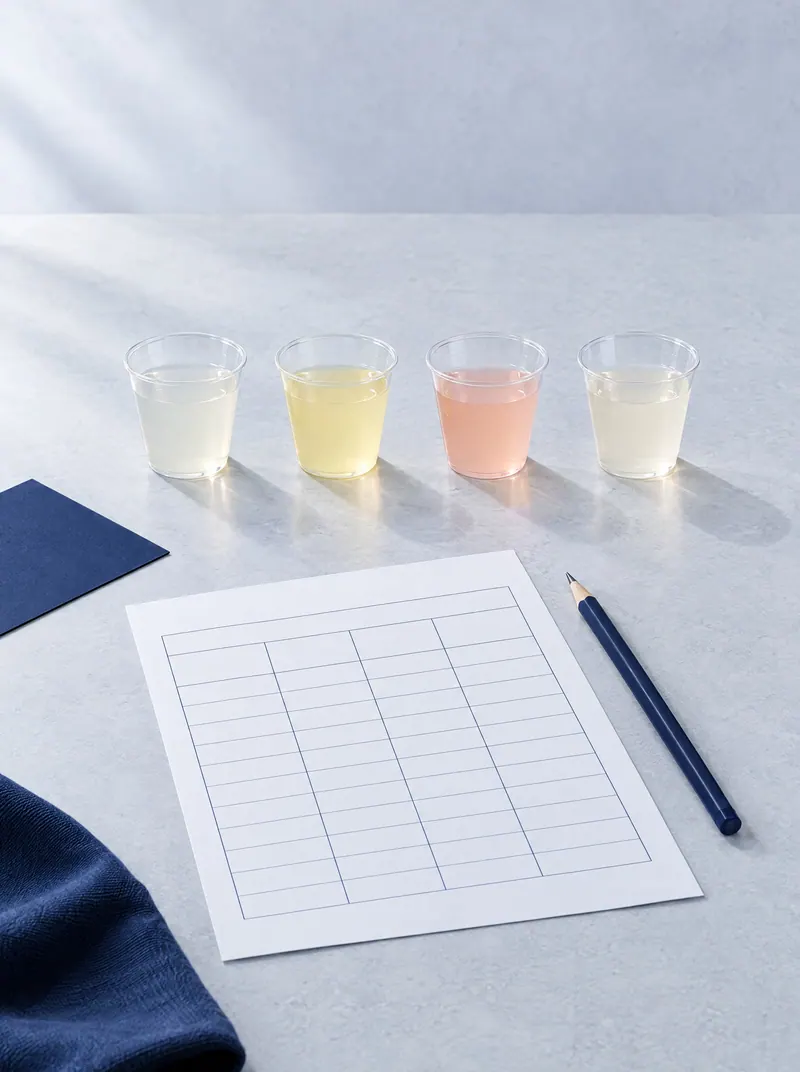 Four drink-mix samples in tasting cups beside a blank sensory scoring sheet and a pencil