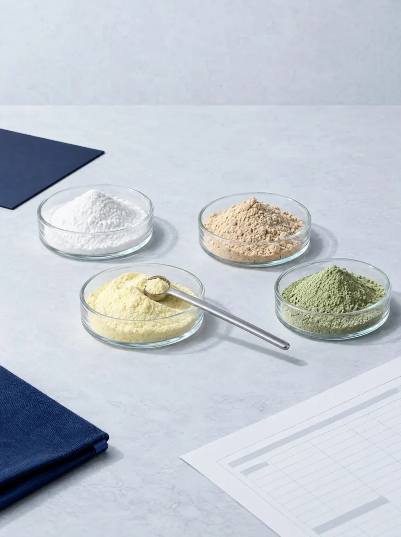 Four raw ingredient powders in glass dishes with a measuring scoop and a formula worksheet