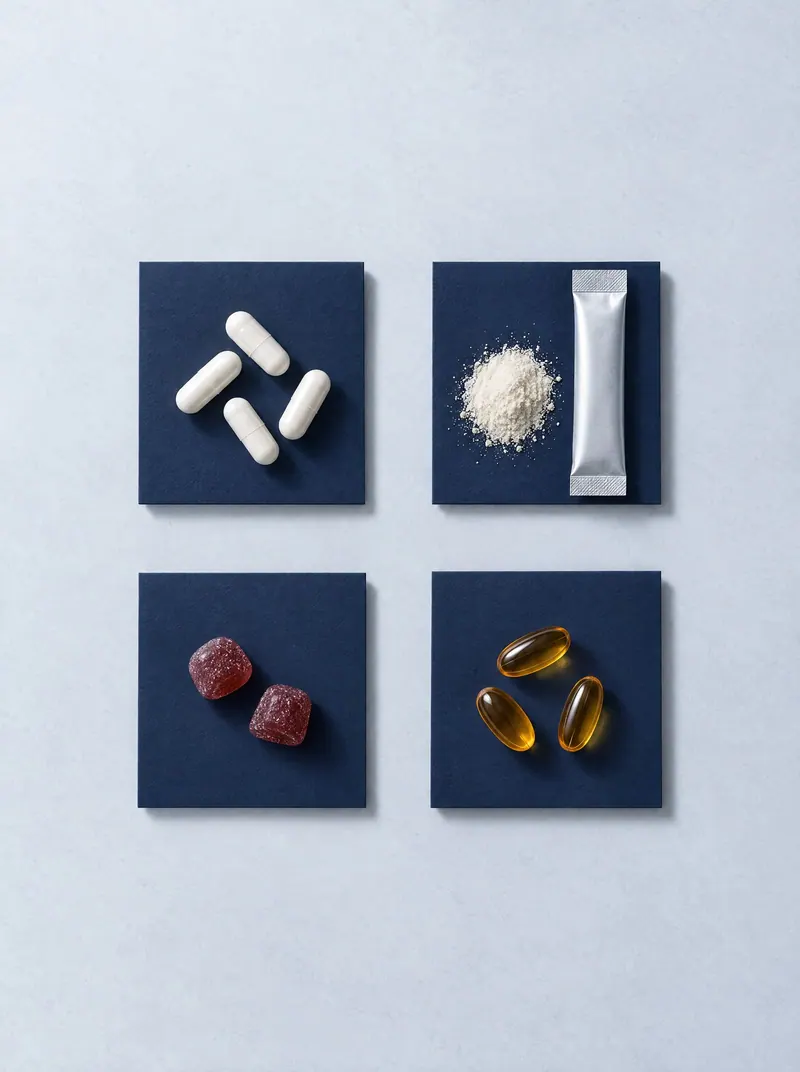 Capsules, powder with a stick pack, gummies and softgels on navy tiles