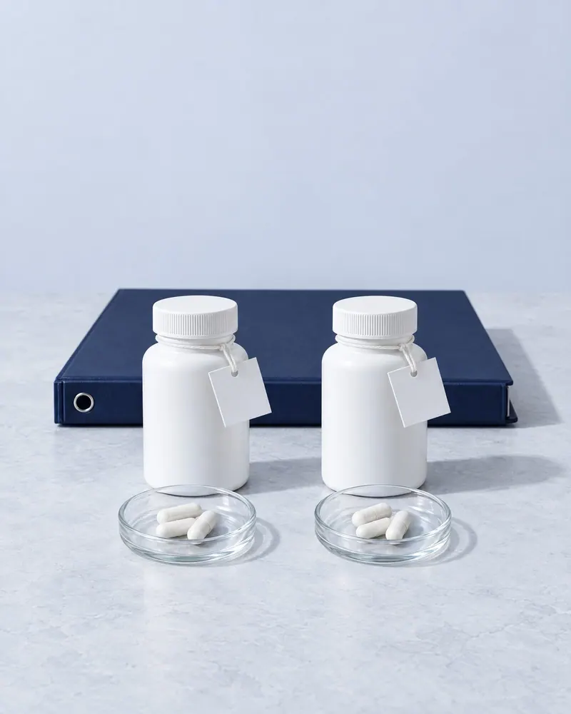 Two identical unlabeled white bottles, each with a dish of identical white capsules, in front of a navy binder